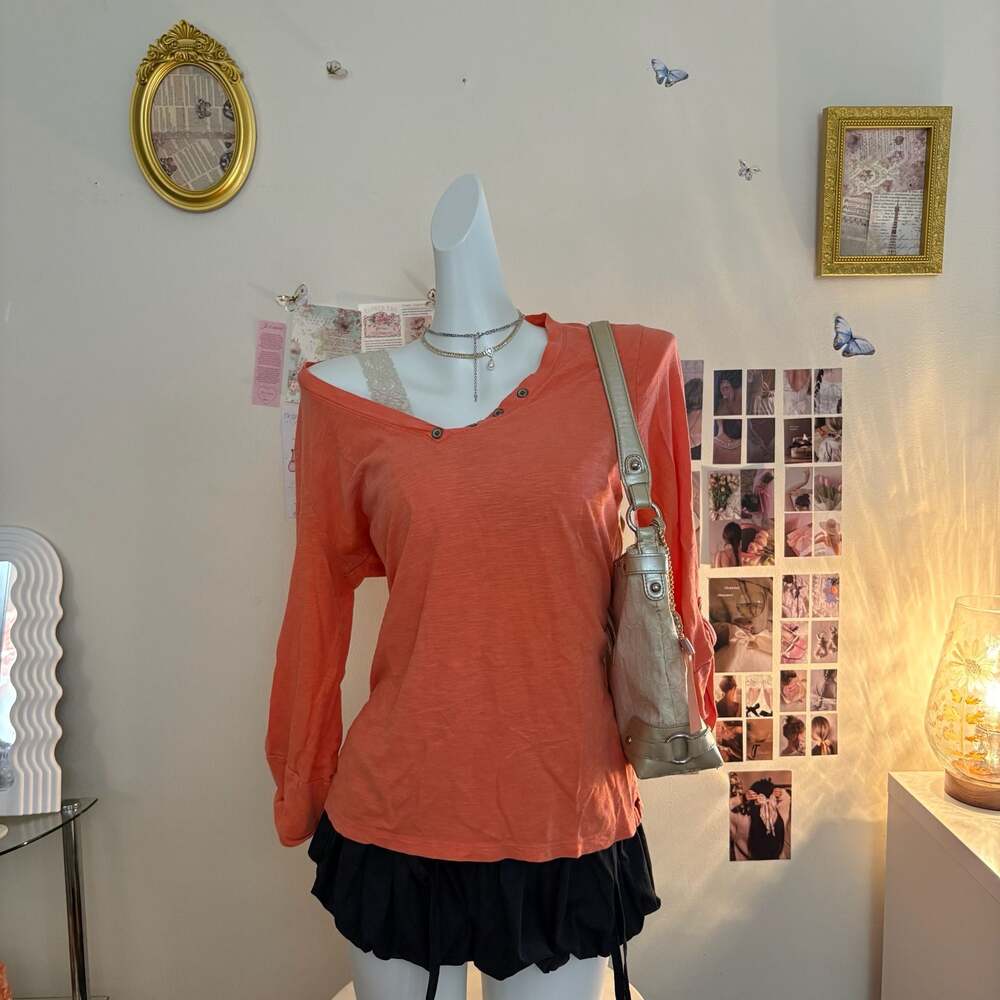 Banana Republic Coral Orange V Neck Henley Long Sleeve Top Womens L Lightweight